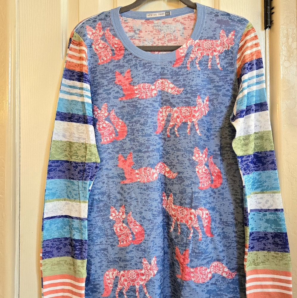 EUC Sundance Whimsy Rose Fox Print Top Tee in Pink Blue Green and White Size XL